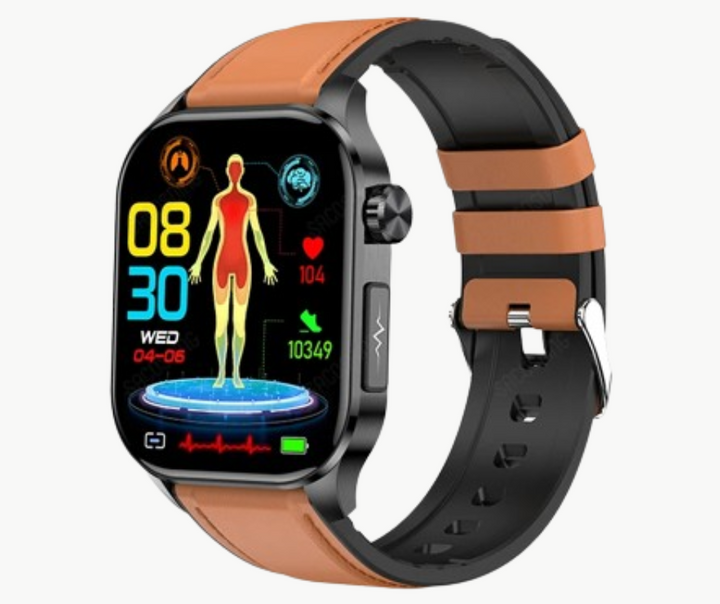 "Modern smartwatch with non-invasive health monitoring features, including blood glucose tracking and sleek black mesh design