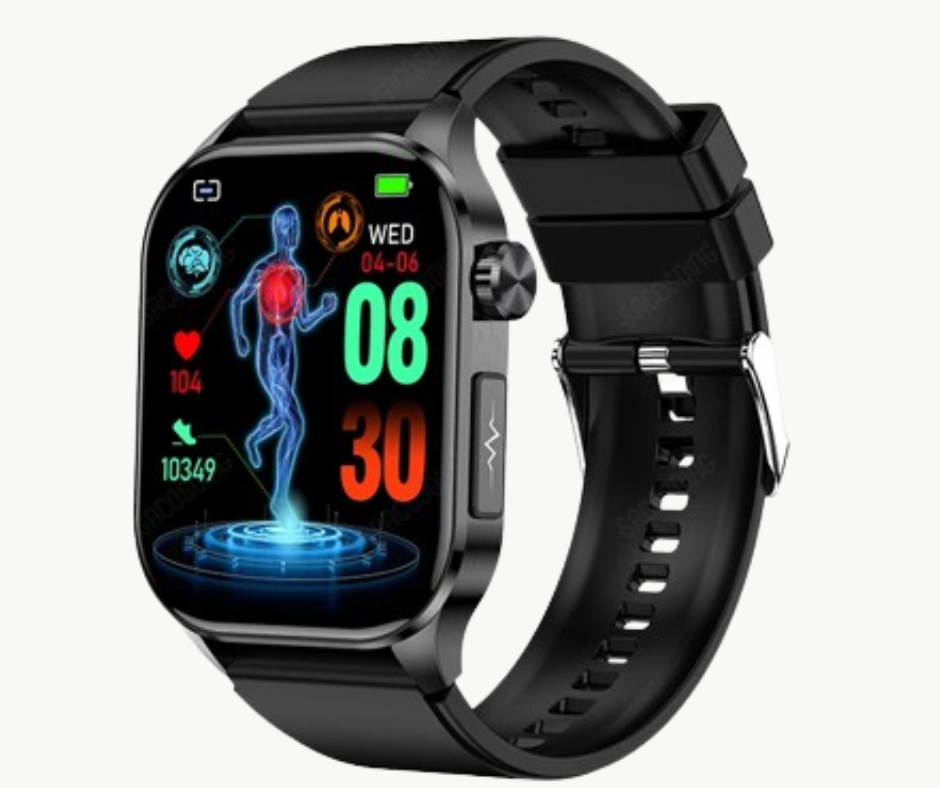 "Modern smartwatch with non-invasive health monitoring features, including blood glucose tracking and sleek black mesh design