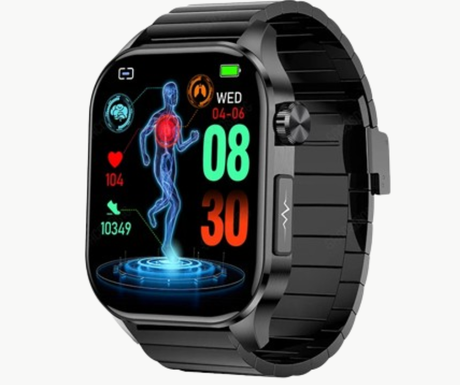 "Modern smartwatch with non-invasive health monitoring features, including blood glucose tracking and sleek black mesh design