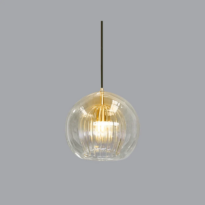 Energy-efficient spherical LED light fixture, contemporary design, warm illumination.