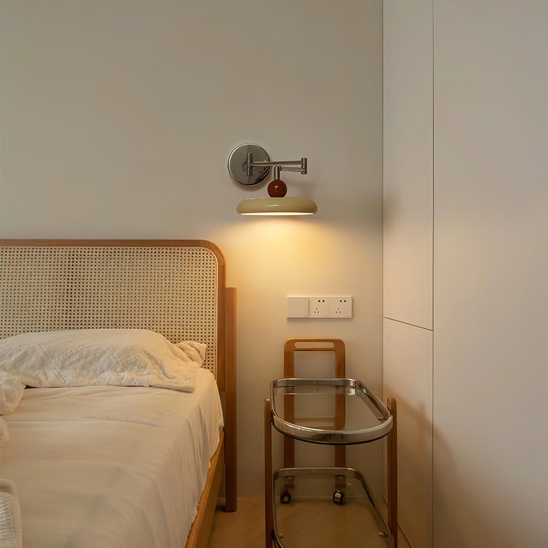 "Modern swing arm wall lamp with adjustable metal arm, acrylic base, integrated LED, beige and green color options."