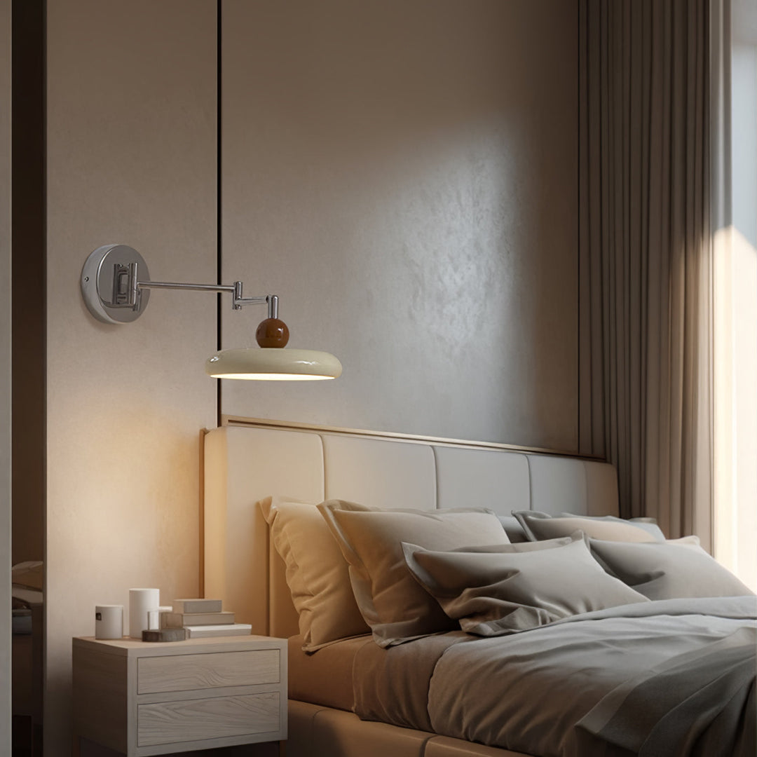 "Modern swing arm wall lamp with adjustable metal arm, acrylic base, integrated LED, beige and green color options."