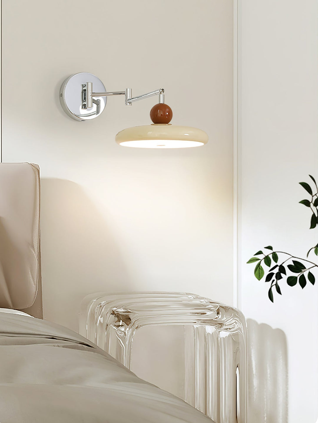 "Modern swing arm wall lamp with adjustable metal arm, acrylic base, integrated LED, beige and green color options."