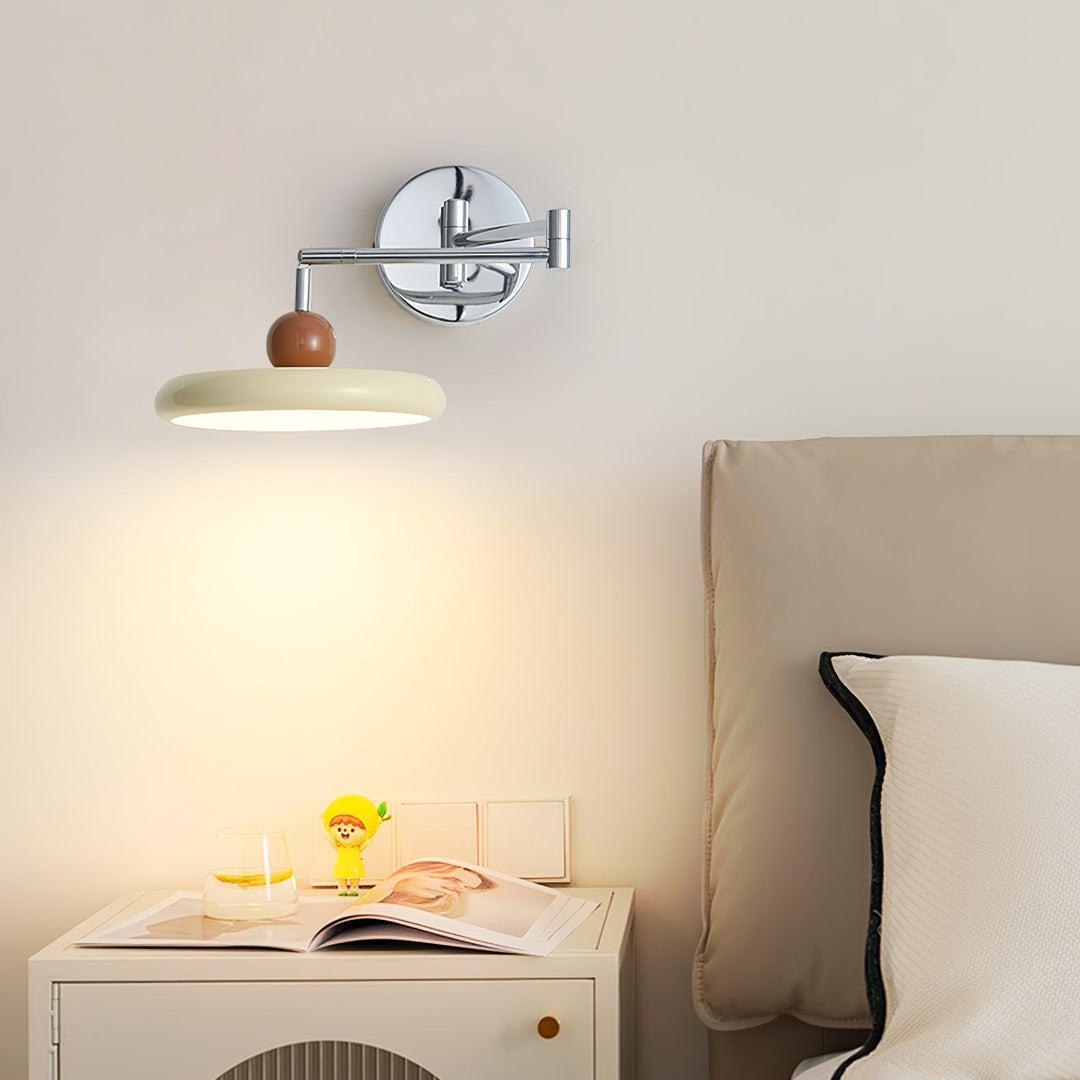 "Modern swing arm wall lamp with adjustable metal arm, acrylic base, integrated LED, beige and green color options."