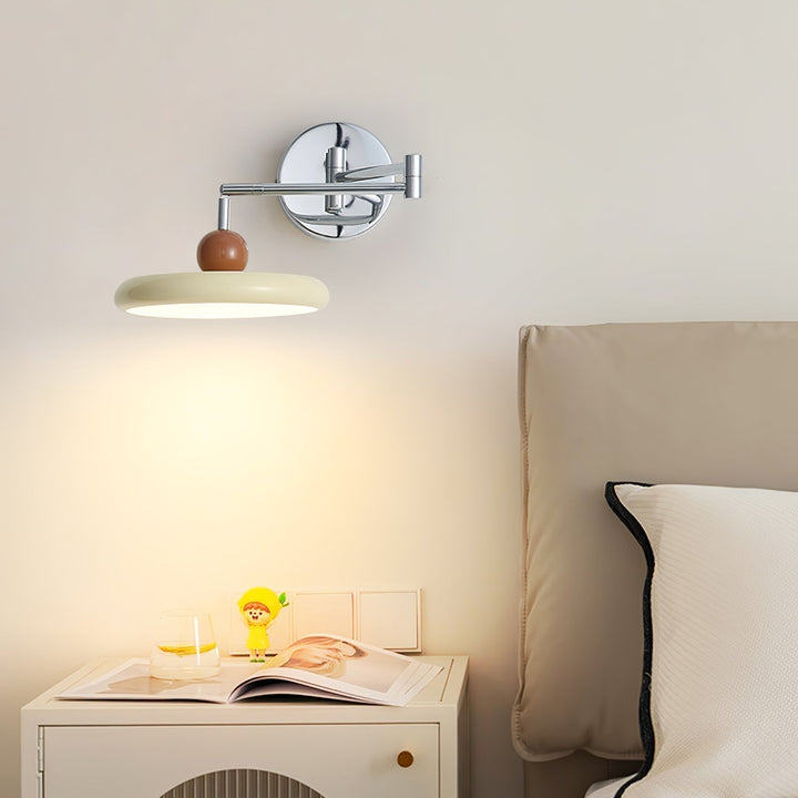 "Modern swing arm wall lamp with adjustable metal arm, acrylic base, integrated LED, beige and green color options."