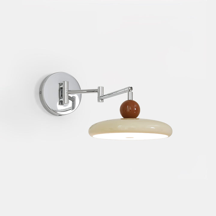 "Modern swing arm wall lamp with adjustable metal arm, acrylic base, integrated LED, beige and green color options."