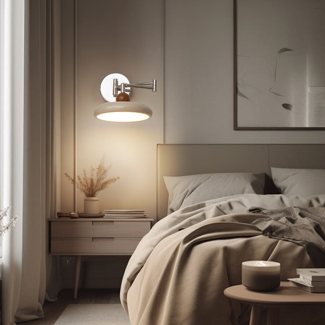 "Modern swing arm wall lamp with adjustable metal arm, acrylic base, integrated LED, beige and green color options."
