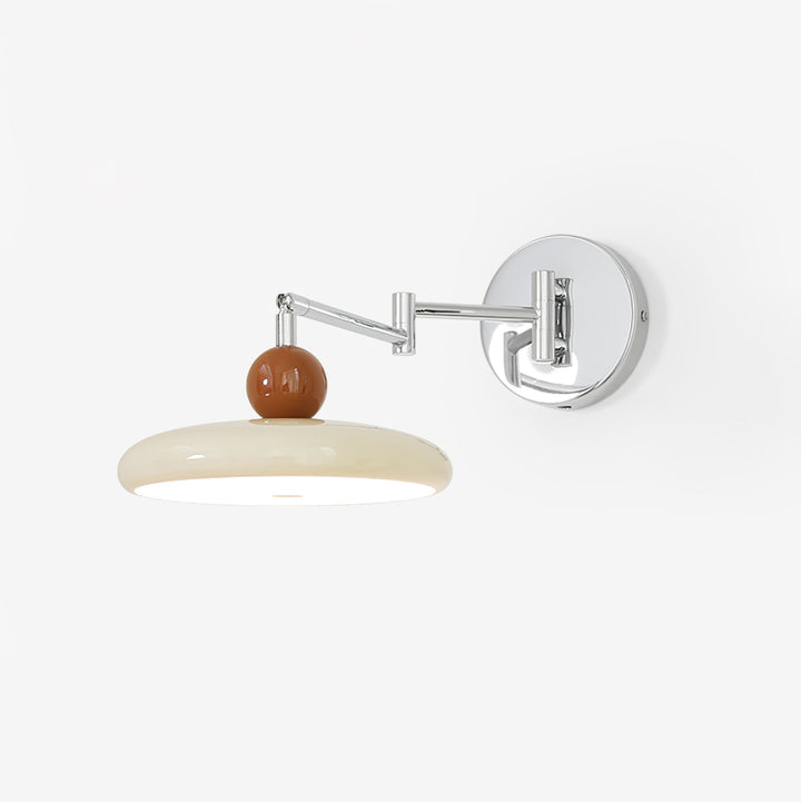 "Modern swing arm wall lamp with adjustable metal arm, acrylic base, integrated LED, beige and green color options."