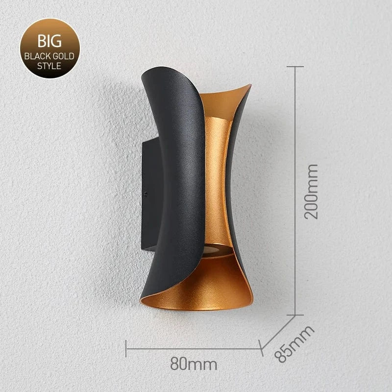 Modern waterproof LED wall light, sleek aluminium, IP65 rating, indoor/outdoor use, warm white glow, available in black.
