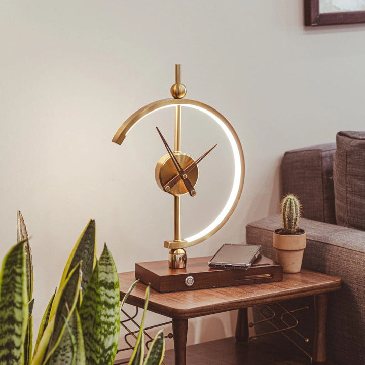"Modern wireless lamp with LED, clock, maple wood frame, and metal accents for home/office. Energy-efficient lighting, sleek 
