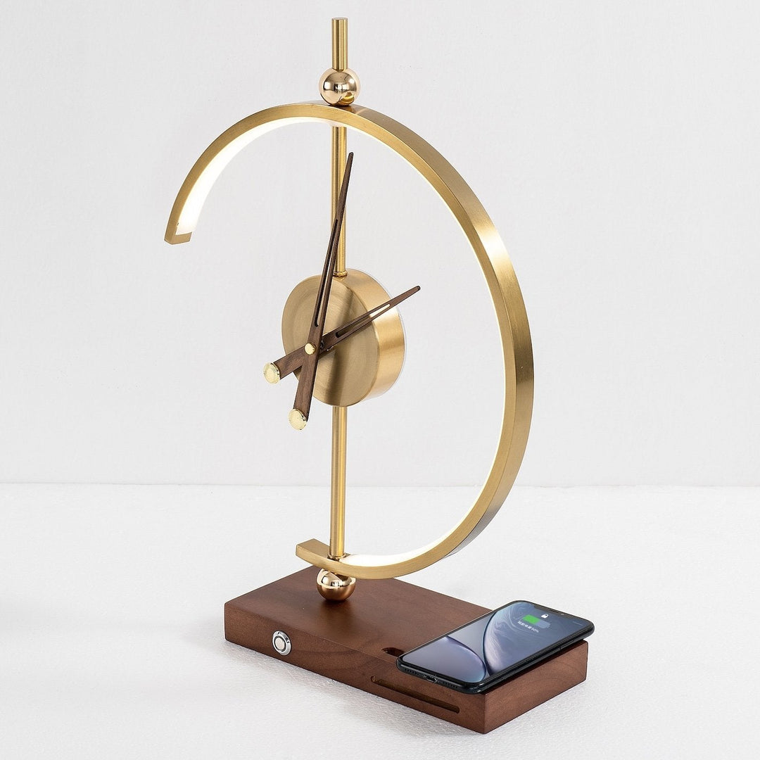 "Modern wireless lamp with LED, clock, maple wood frame, and metal accents for home/office. Energy-efficient lighting, sleek 