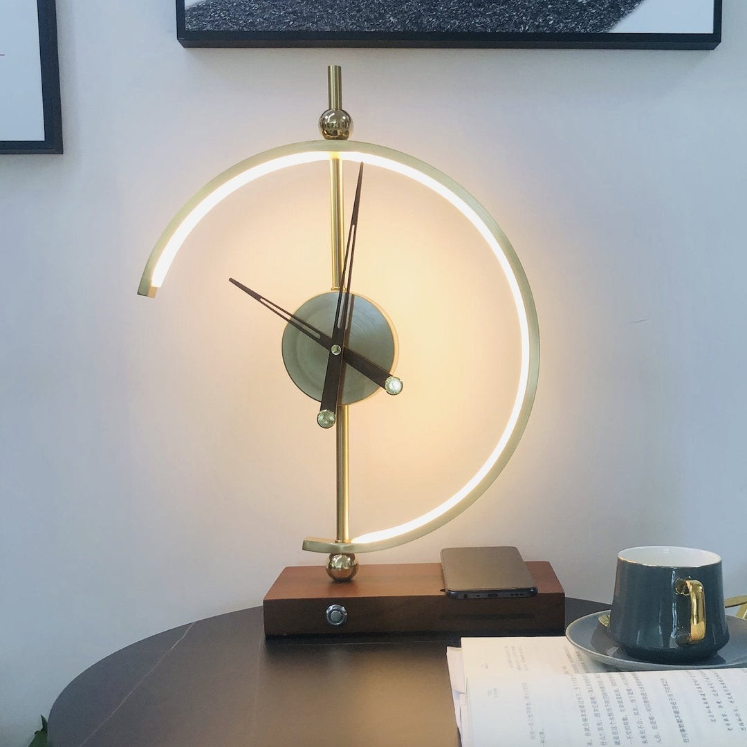 "Modern wireless lamp with LED, clock, maple wood frame, and metal accents for home/office. Energy-efficient lighting, sleek 