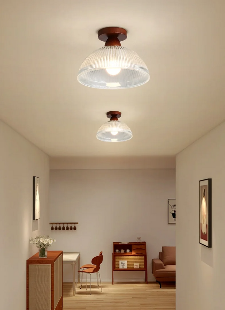 "Modern wooden and glass ceiling lamp, sleek design, natural wood tones, ideal for contemporary home decor lighting."