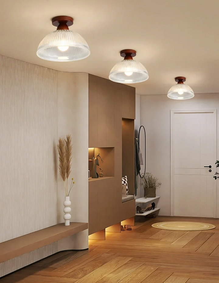 "Modern wooden and glass ceiling lamp, sleek design, natural wood tones, ideal for contemporary home decor lighting."