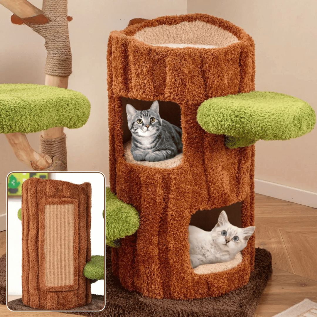 "Multi-level cat tree tower with condo nests, sisal scratch posts, and plush perches for feline comfort and activity."