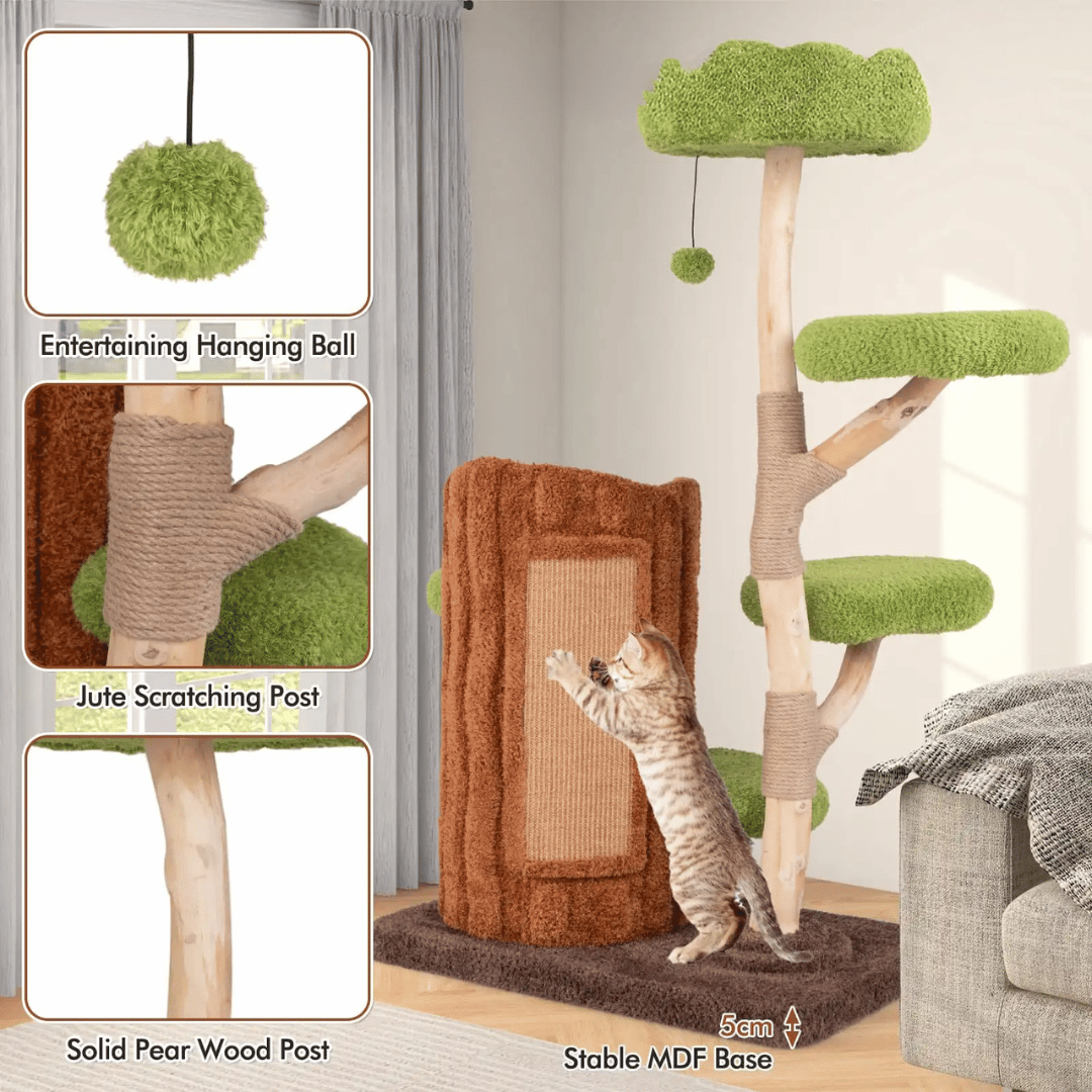 "Multi-level cat tree tower with condo nests, sisal scratch posts, and plush perches for feline comfort and activity."