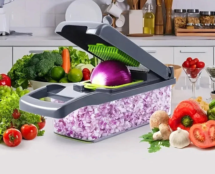 "Multifunctional kitchen vegetable chopper and grater, sleek design, ideal for slicing and grating veggies, 16-in-1 tool."