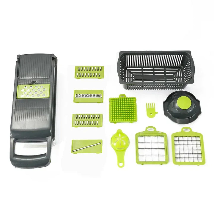 "Multifunctional kitchen vegetable chopper and grater, sleek design, ideal for slicing and grating veggies, 16-in-1 tool."