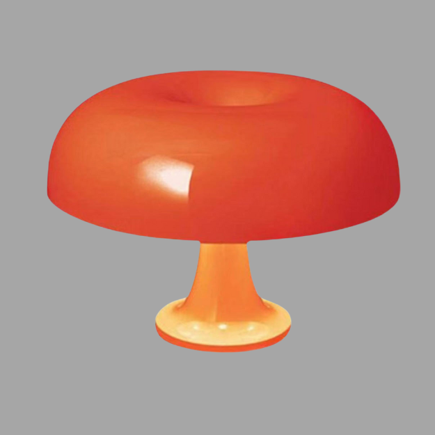 "Mushroom-shaped minimalist table lamp with LED, Nordic design, in white and orange; perfect for modern interiors."