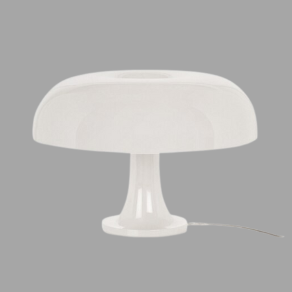 "Mushroom-shaped minimalist table lamp with LED, Nordic design, in white and orange; perfect for modern interiors."