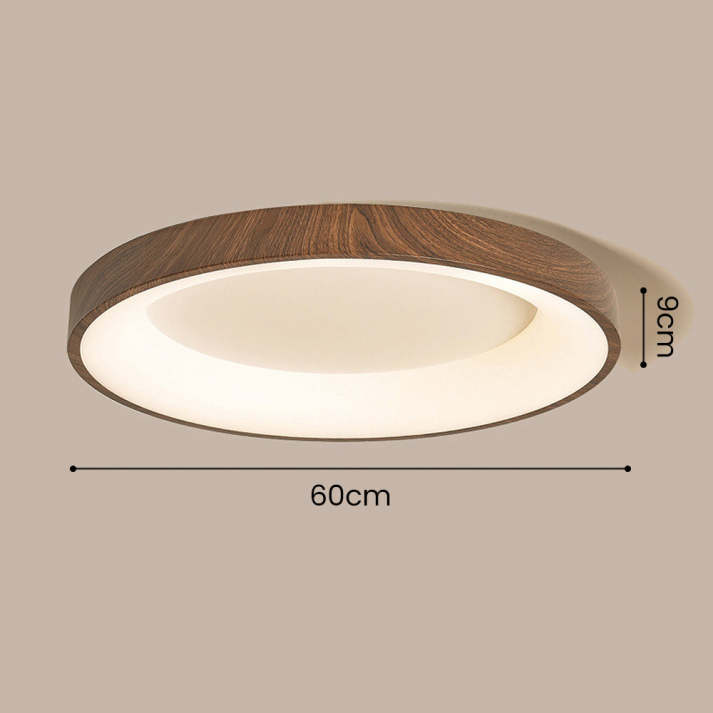 "Natural wooden LED ceiling light with circular frame, rustic-modern design, energy-efficient, enhances home ambiance."