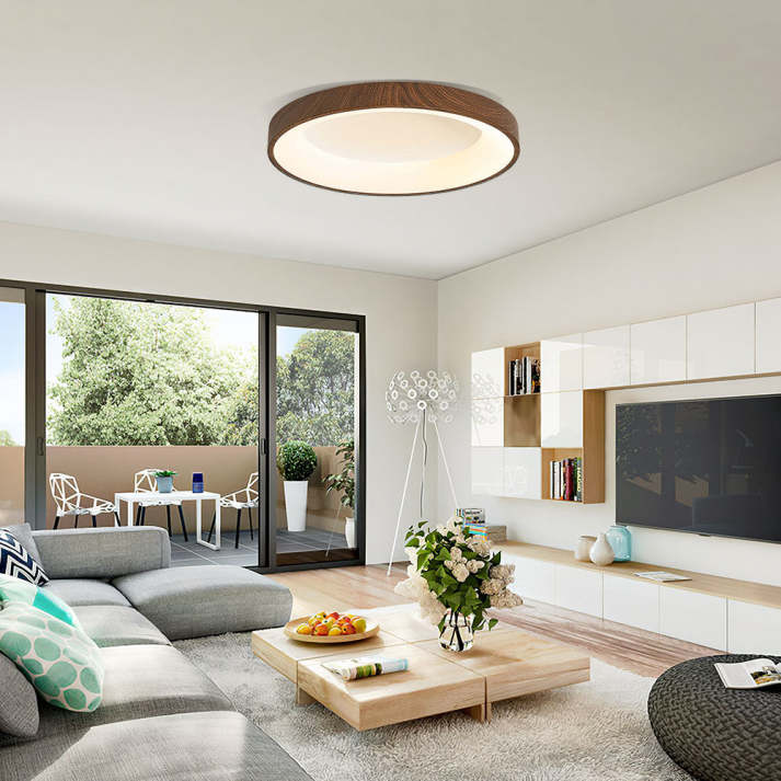 "Natural wooden LED ceiling light with circular frame, rustic-modern design, energy-efficient, enhances home ambiance."