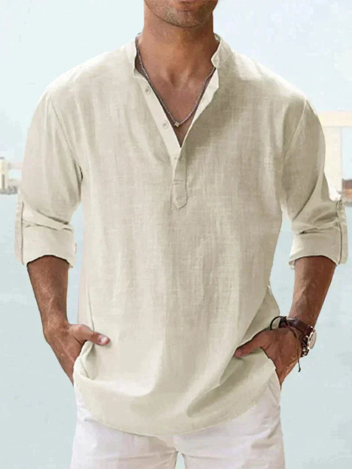 "Navy blue linen casual beach shirt, men's button-down with long sleeves, relaxed fit, perfect for summer outings."