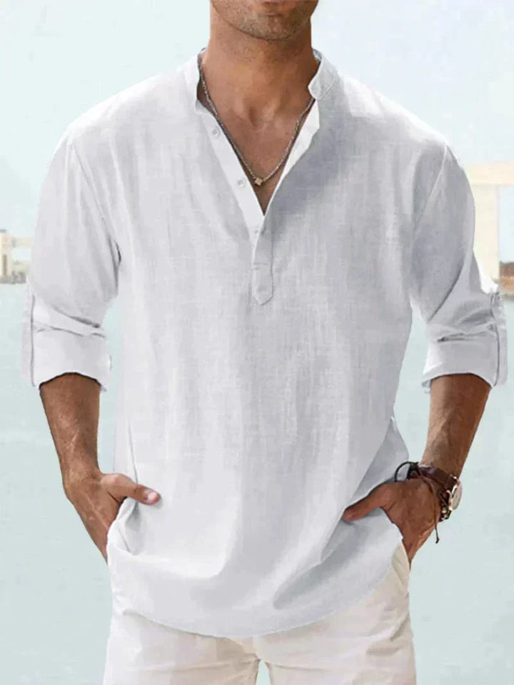 "Navy blue linen casual beach shirt, men's button-down with long sleeves, relaxed fit, perfect for summer outings."