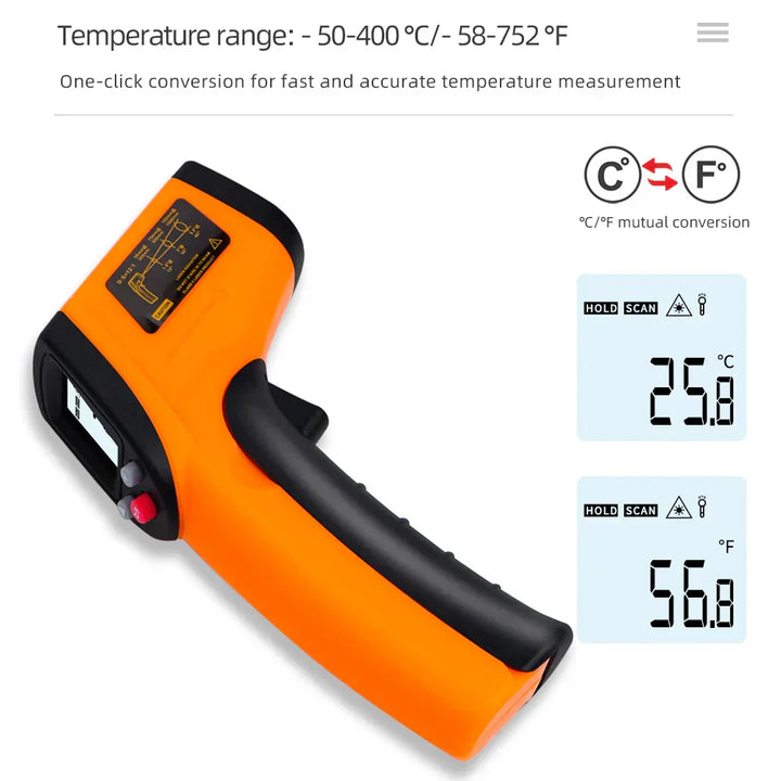 Non-contact infrared thermometer with laser targeting and backlit display for precise industrial temperature measurement.