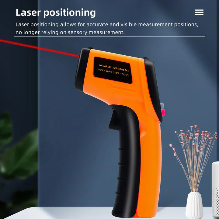Non-contact infrared thermometer with laser targeting and backlit display for precise industrial temperature measurement.