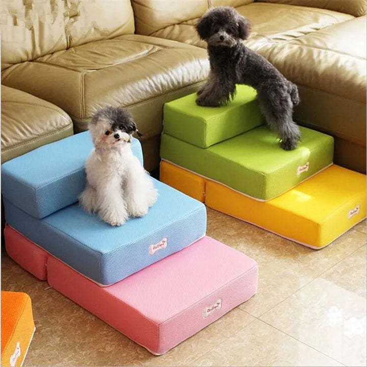 "Non-slip pet stairs with soft foam for dogs and cats, safe steps for easy access to sofa or bed, supportive and stylish."