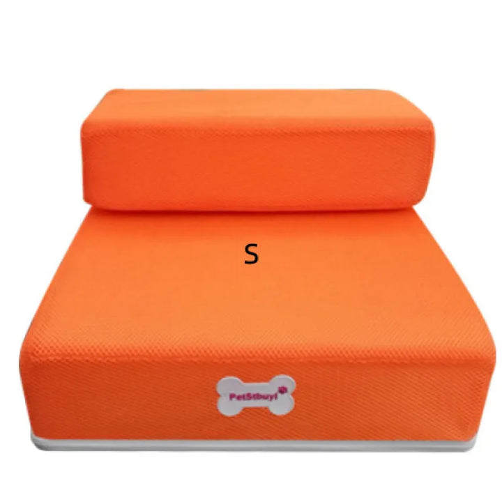 "Non-slip pet stairs with soft foam for dogs and cats, safe steps for easy access to sofa or bed, supportive and stylish."