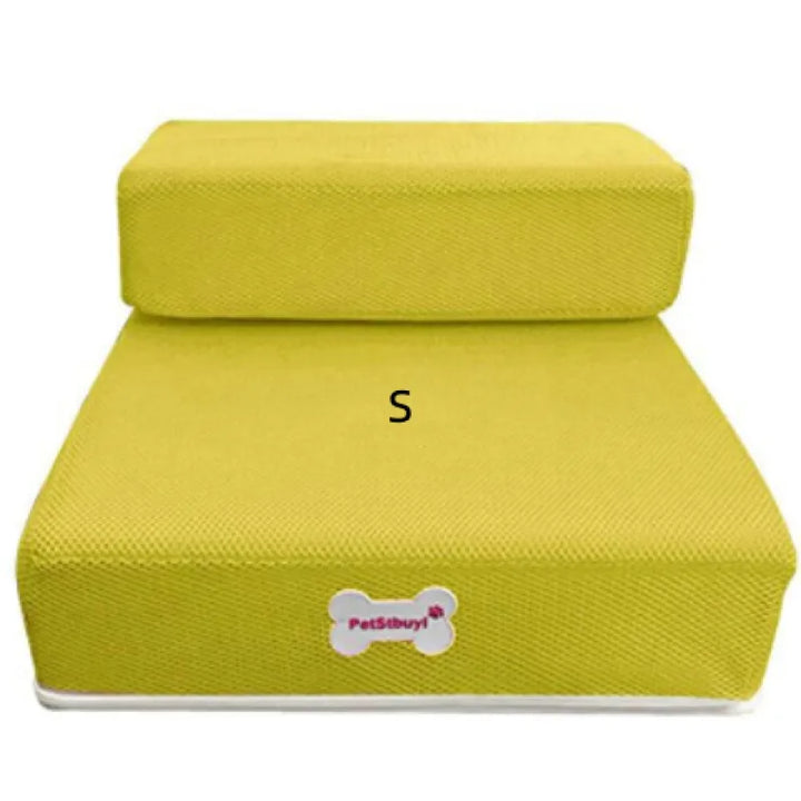"Non-slip pet stairs with soft foam for dogs and cats, safe steps for easy access to sofa or bed, supportive and stylish."