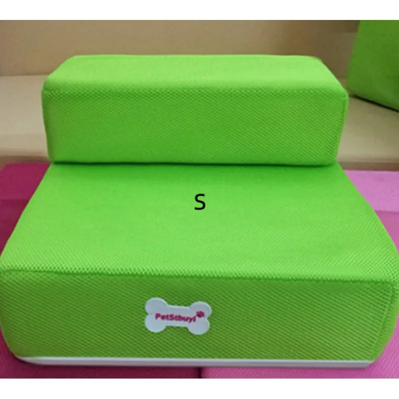 "Non-slip pet stairs with soft foam for dogs and cats, safe steps for easy access to sofa or bed, supportive and stylish."