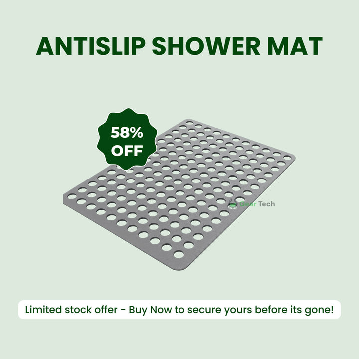 Non-slip shower mat with suction cups, textured for comfort, mold-resistant, in blue, green, grey; enhances bathroom safety.