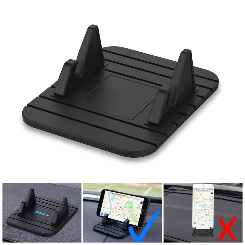 Non-slip silicone phone holder for car dashboard, secure grip in black or rose red, perfect for safe hands-free driving.