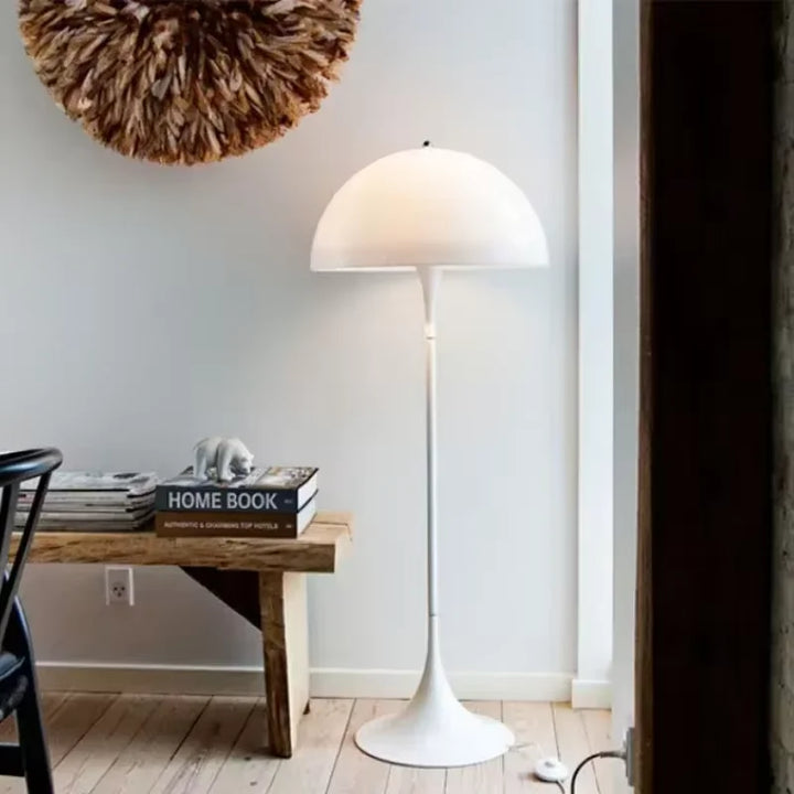 "Nordic Danish LED Mushroom Floor Lamp, modern minimalist design, acrylic, warm glow, ideal for lounges and reading nooks."