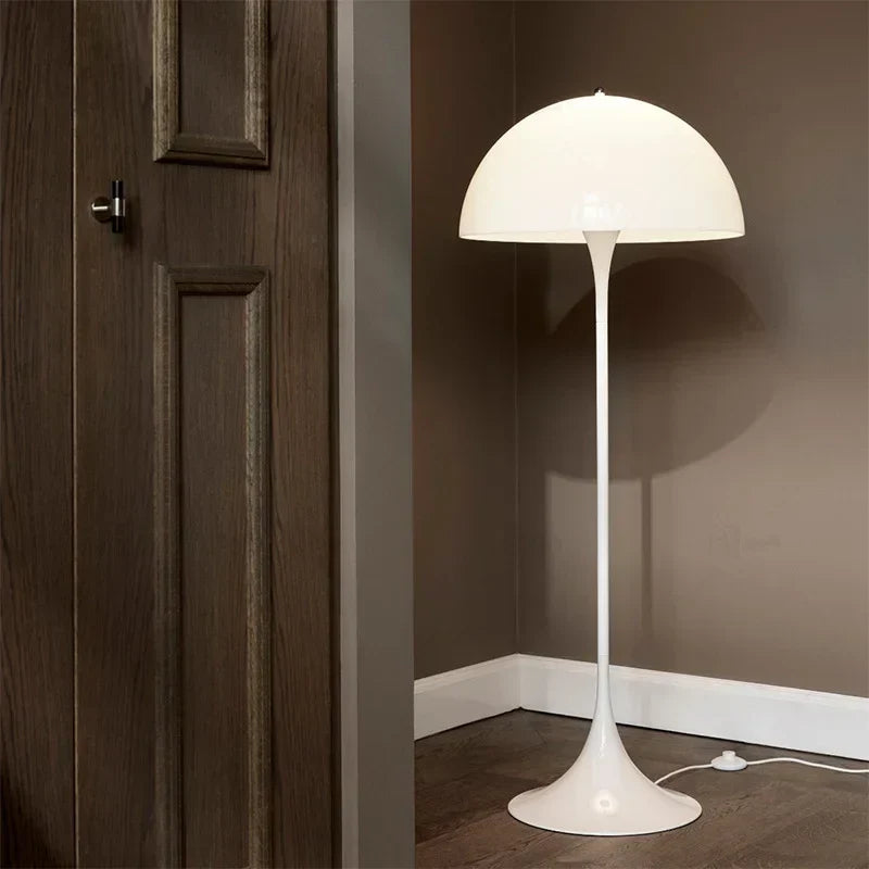"Nordic Danish LED Mushroom Floor Lamp, modern minimalist design, acrylic, warm glow, ideal for lounges and reading nooks."