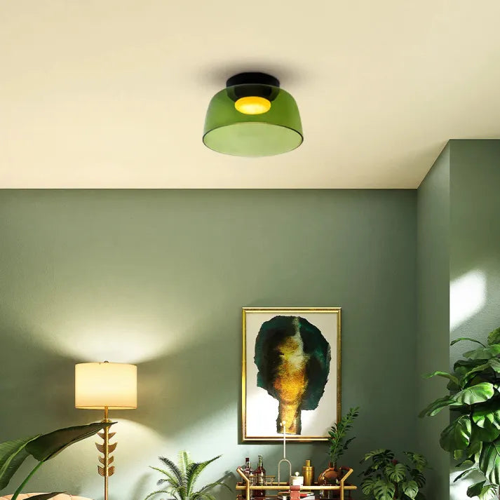 Nordic designer glass ceiling lamp in modern medieval style with elegant glass build, available in gray, green, and orange.