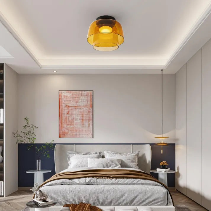Nordic designer glass ceiling lamp in modern medieval style with elegant glass build, available in gray, green, and orange.