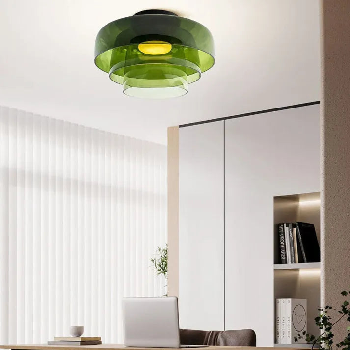 Nordic designer glass ceiling lamp in modern medieval style with elegant glass build, available in gray, green, and orange.