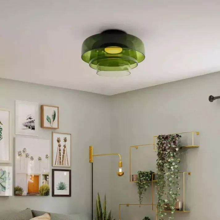 Nordic designer glass ceiling lamp in modern medieval style with elegant glass build, available in gray, green, and orange.