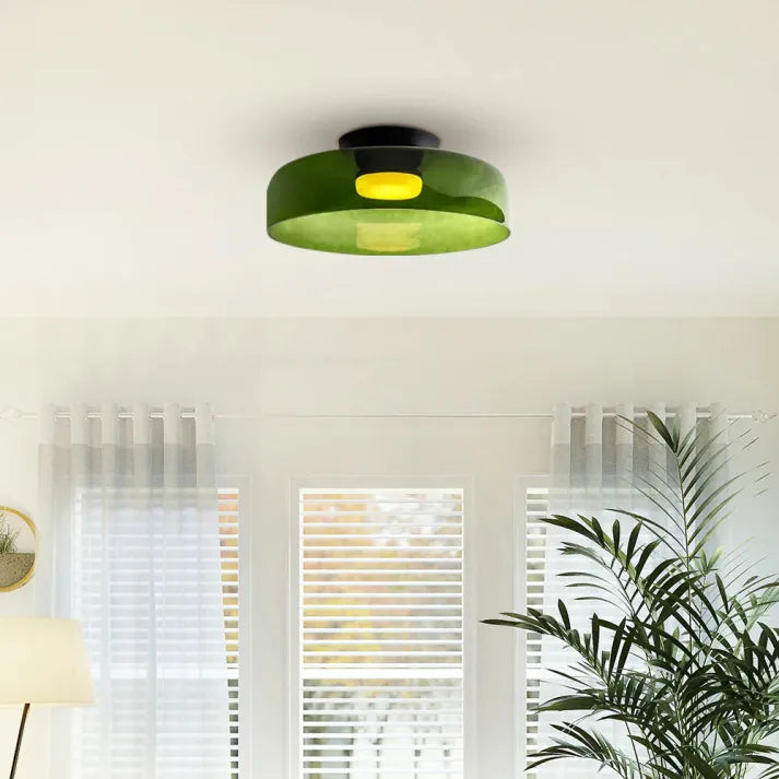 Nordic designer glass ceiling lamp in modern medieval style with elegant glass build, available in gray, green, and orange.