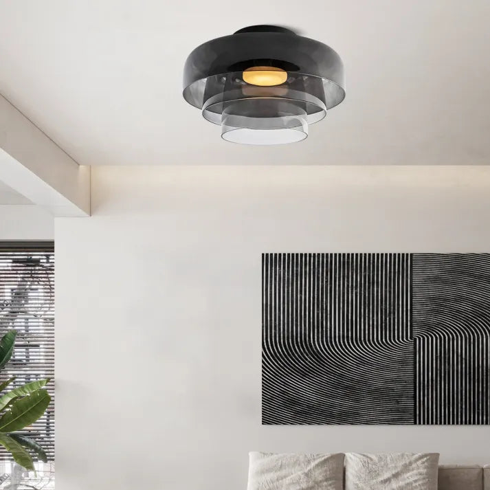Nordic designer glass ceiling lamp in modern medieval style with elegant glass build, available in gray, green, and orange.