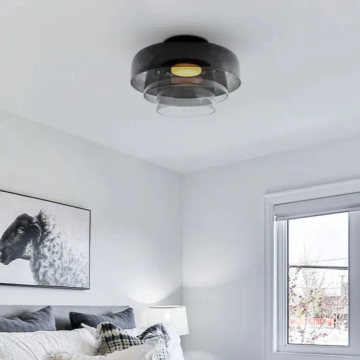 Nordic designer glass ceiling lamp in modern medieval style with elegant glass build, available in gray, green, and orange.