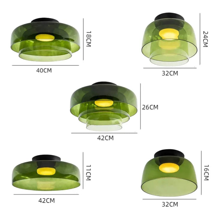 Nordic designer glass ceiling lamp in modern medieval style with elegant glass build, available in gray, green, and orange.