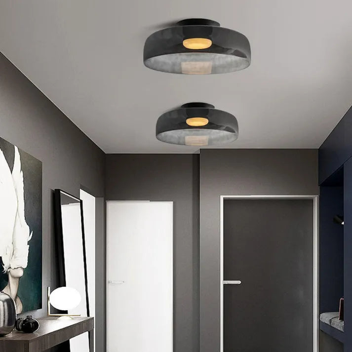 Nordic designer glass ceiling lamp in modern medieval style with elegant glass build, available in gray, green, and orange.