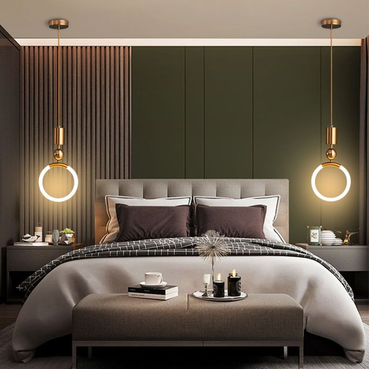 "Nordic LED Pendant Light with sleek metal lines and minimalist design, perfect for modern kitchens and dining areas."