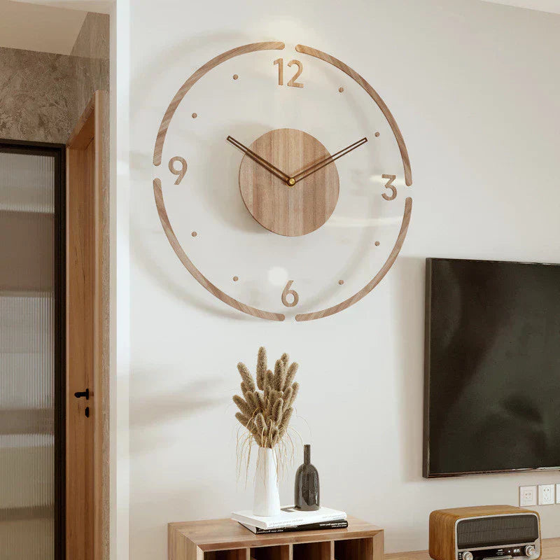 Nordic minimalist wooden wall clock with natural wood grain, ideal for kitchen and living spaces, non-ticking and elegant.