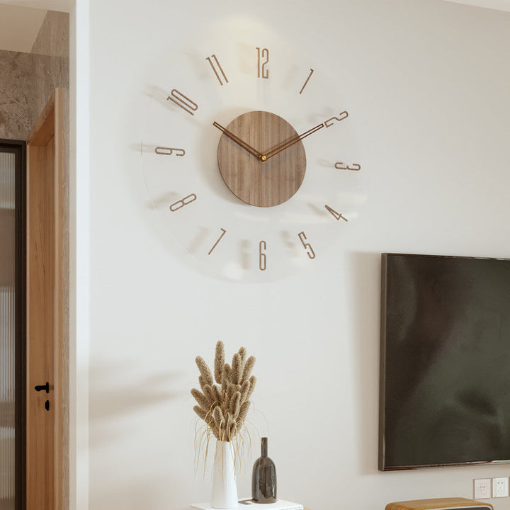 Nordic minimalist wooden wall clock with natural wood grain, ideal for kitchen and living spaces, non-ticking and elegant.